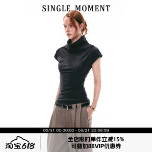 SINGLE MOMENT 26SS法式夏季休闲翻领小飞袖修身针织T恤上衣女