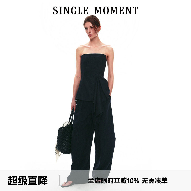 SINGLE MOMENT 26SS夏季法式修身不对称分割立体剪裁抹胸上衣女