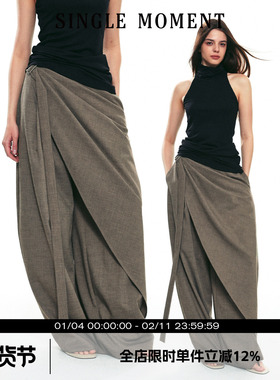 SINGLE MOMENT 25SS秋季新款羊毛混纺多层次飘带休闲阔腿西裤女