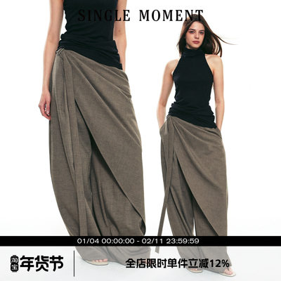 SINGLE MOMENT 25SS秋季新款羊毛混纺多层次飘带休闲阔腿西裤女