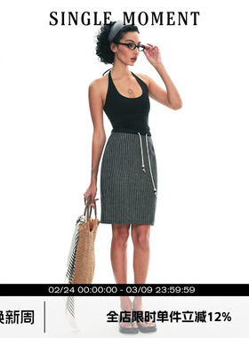 SINGLE MOMENT 25SS夏季亚麻条纹抽绳半身裙女高腰显瘦A字裙短裙