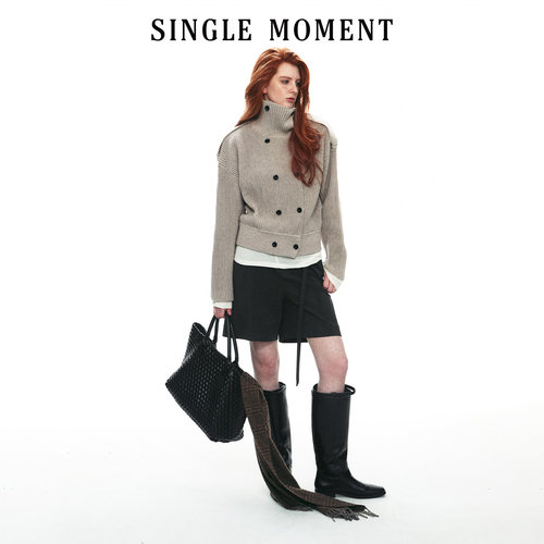 SINGLE MOMENT 26AW法式立领休闲风宽松双排扣毛衣开衫长袖外套女