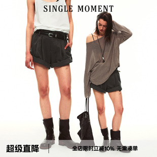 SINGLE MOMENT 26SS夏季法式双倒褶翻脚口花边抽褶腰头工装短裤女