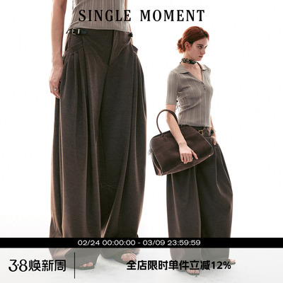SINGLE MOMENT 26SS法式复古皮袢宽松裥褶休闲直筒宽松西裤阔腿裤