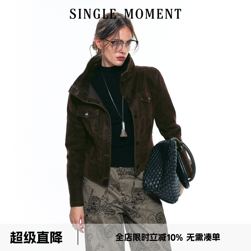 SINGLE MOMENT 25AW法式复古竹节植绒斜纹短款机车夹克外套上衣女
