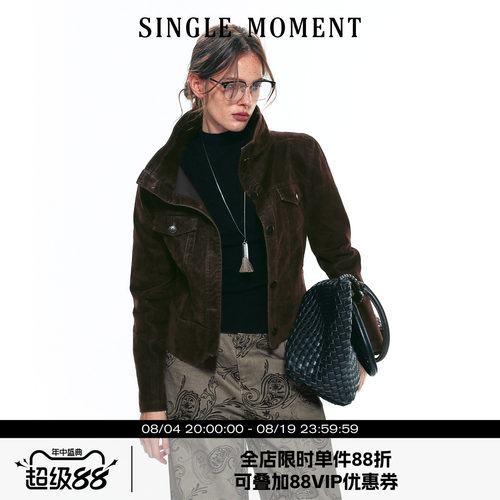 SINGLE MOMENT 25AW法式复古竹节植绒斜纹短款机车夹克外套上衣女