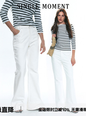 SINGLE MOMENT 25AW法式复古修身显瘦白色微喇刺绣牛仔裤长裤女秋