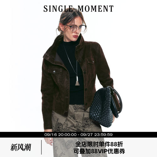 SINGLE MOMENT 25AW法式复古竹节植绒斜纹短款机车夹克外套上衣女