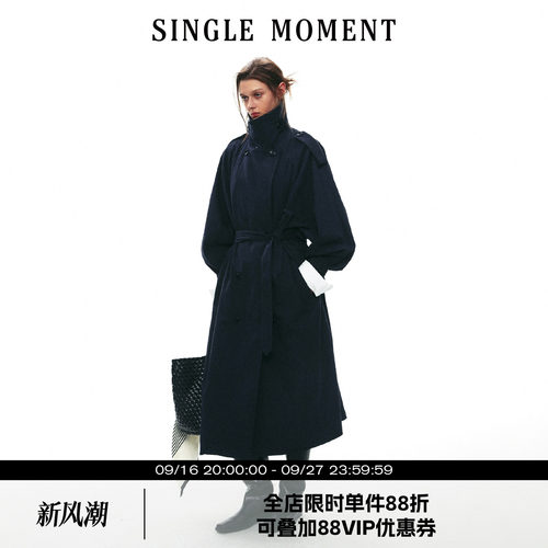 SINGLE MOMENT 26AW复古经典双排扣格纹英伦风长款风衣外套女秋
