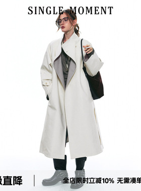SINGLE MOMENT 25AW秋季双面缎纹A字廓形半立领长款风衣外套女