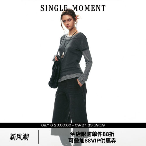 SINGLE MOMENT 26AW法式经典通勤假两件撞色长袖针织T恤圆领上衣