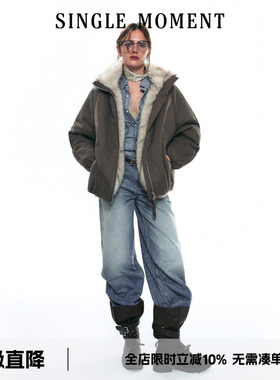 SINGLE MOMENT 25AW法式秋冬复古巴恩风座山雕仿狐狸毛夹克外套女