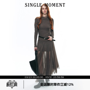 弹力薄纱不规则下摆连衣裙长款 SINGLE 网纱修身 25AW法式 女 MOMENT