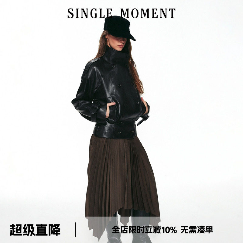 SINGLE MOMENT 26AW法式冬季复古立领双排扣防风收腰皮外套上衣女