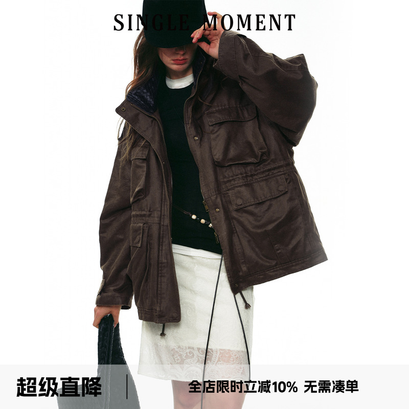 SINGLE MOMENT 25AW法式复古百搭巴恩风中长款工装夹克外套上衣女