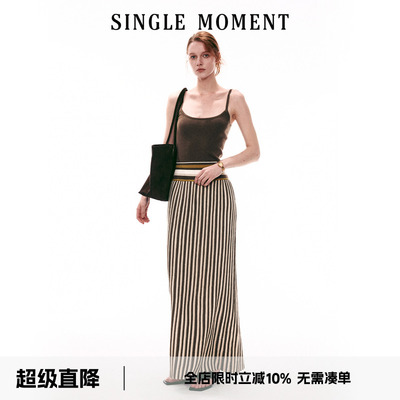 SINGLE MOMENT 26SS夏季法式通勤休闲修身金丝吊带条纹上衣连衣裙