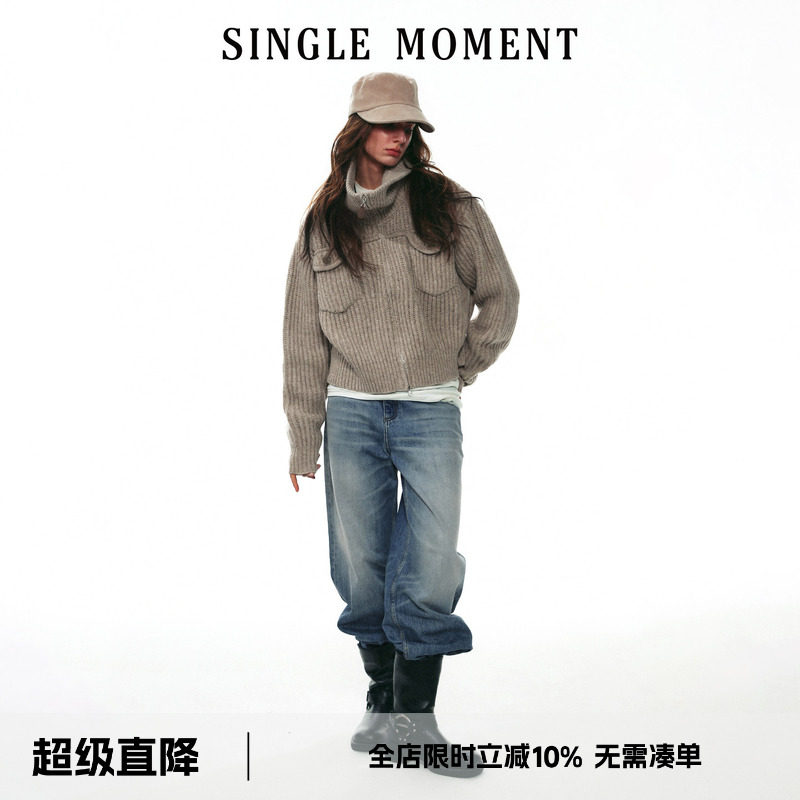 SINGLE MOMENT 25AW法式高级感气质手织三针加厚高领毛衣外套开衫