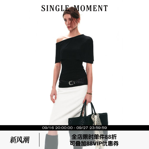 SINGLE MOMENT 26SS夏季法式斗篷式假两件斜肩针织t恤短袖上衣女