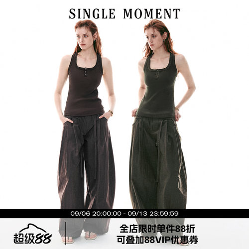 SINGLE MOMENT 26SS法式夏季休闲宽松U领针织工字猎装背心女