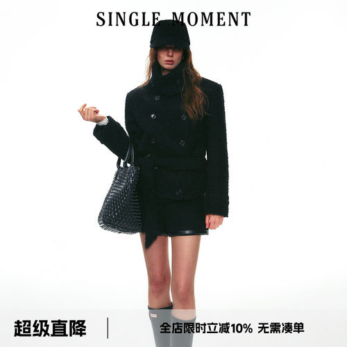 SINGLE MOMENT 25AW法式保暖双面呢羊毛短款双排扣立领系腰外套女