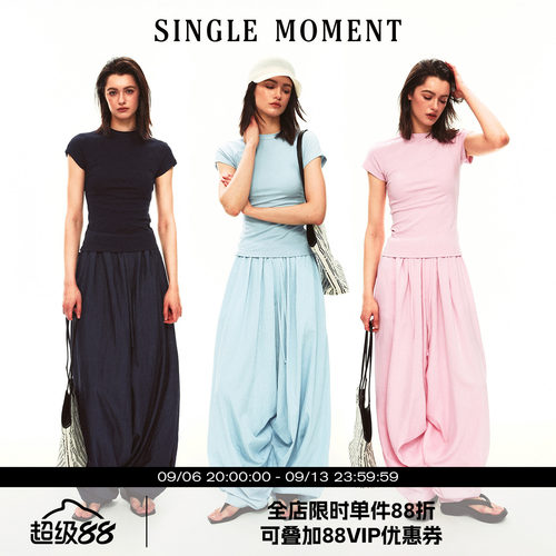SINGLE MOMENT 26SS法式连肩飞袖修身T恤度假风宽松阔腿拖地裤女