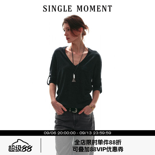 SINGLE MOMENT 26SS法式松弛感V领卷边翻袖宽松短袖T恤上衣女