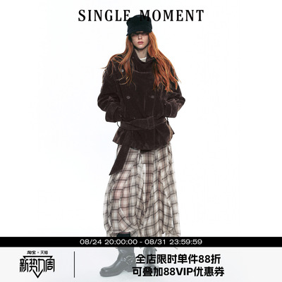 SINGLE MOMENT 25AW法式复古植绒大立领短款双排扣系腰风衣外套女