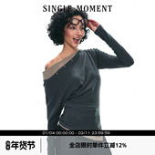 MOMENT 25SS斜肩假两件长袖 T恤打底衫 SINGLE 弹力修身 显瘦上衣女