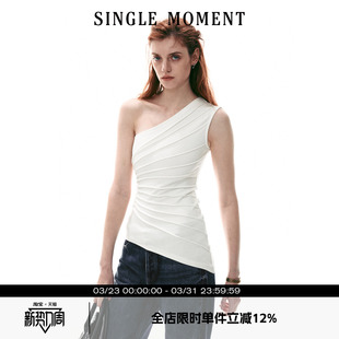 放射压褶斜肩针织上衣背心无袖 SINGLE 法式 26SS夏季 T恤女 MOMENT