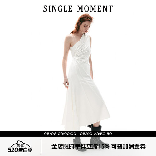 SINGLE MOMENT 26SS夏季法式放射压褶斜肩针织背心不规则连衣裙女
