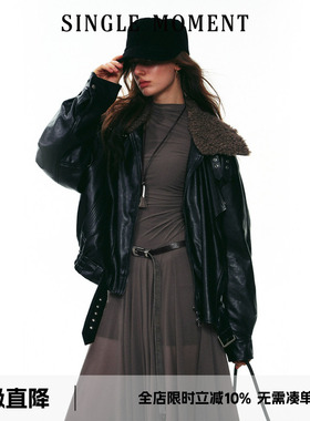 SINGLE MOMENT 25AW法式时尚机车PU皮黑色叠门襟毛领皮衣夹克女冬