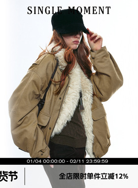SINGLE MOMENT 25AW法式复古毛领保暖轻工装短款棉服棉衣外套女