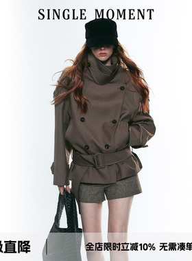SINGLE MOMENT 25AW法式复古大立领宽肩短款双排扣系腰风衣外套女