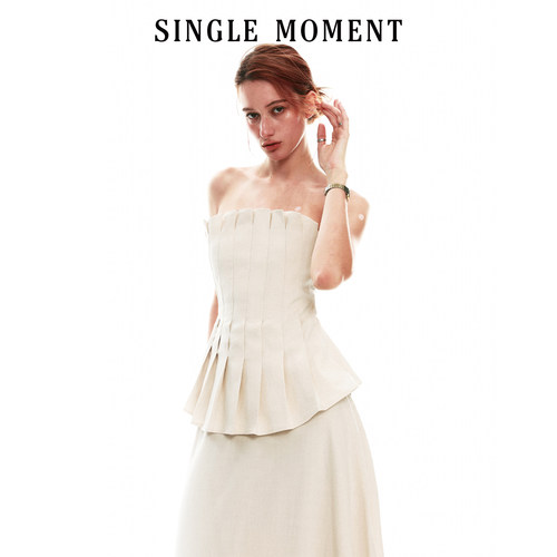 SINGLE MOMENT 26SS法式手工压褶抹胸上衣茧型空气感花苞半裙女