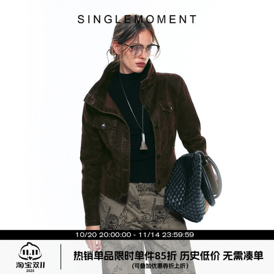 SINGLE MOMENT 25AW法式复古竹节植绒斜纹短款机车夹克外套上衣女
