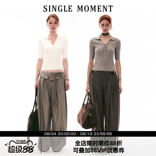 SINGLE MOMENT 26SS法式坑条五分袖套头针织衫百搭POLO杉上衣女