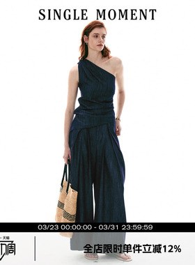 SINGLE MOMENT 26SS法式复古斜肩修身显瘦无袖上衣背心西裤套装女