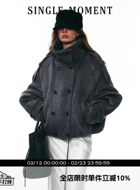 SINGLE MOMENT 25AW法式秋冬保暖羊毛短款双排扣外套风衣女