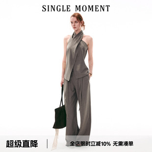 SINGLE MOMENT 26SS法式复古交叉领挂脖无袖上衣直筒休闲西裤套装