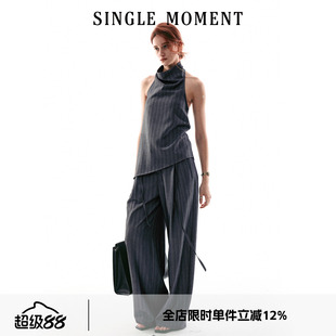SINGLE MOMENT 26SS法式摩登气质简奢挂脖荡领无袖上衣西裤套装女