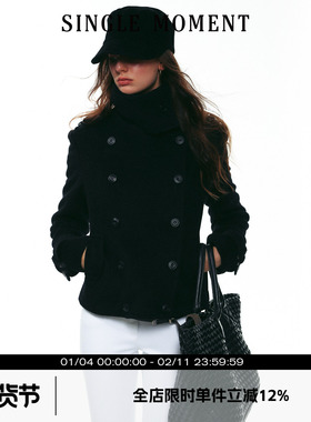 SINGLE MOMENT 25AW法式时尚经典双排扣正肩斜纹羊毛立领短外套女