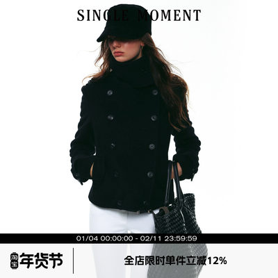SINGLE MOMENT 25AW法式时尚经典双排扣正肩斜纹羊毛立领短外套女