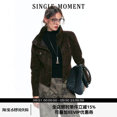 SINGLE MOMENT 25AW法式复古竹节植绒斜纹短款机车夹克外套上衣女