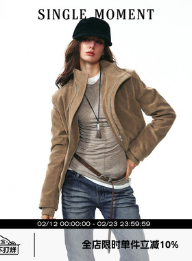 SINGLE MOMENT 25AW法式复古绒感斜门襟立领短款夹克长袖外套女