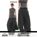 SINGLE MOMENT 26SS法式夏季抽褶花边拼色腰头休闲裤阔腿长裤女