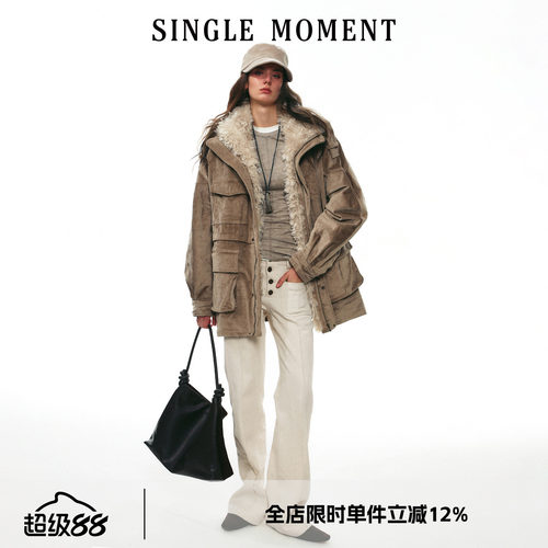 SINGLE MOMENT 25AW法式中长款灯芯绒毛领拼接工装外套派克服女