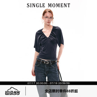 SINGLE MOMENT 26SS法式夏季休闲抽褶V领蝙蝠袖T恤上衣宽松短袖女