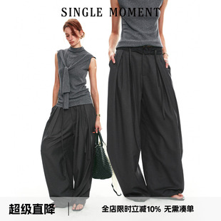 SINGLE MOMENT 26SS法式夏季抽褶花边拼色腰头休闲裤阔腿长裤女