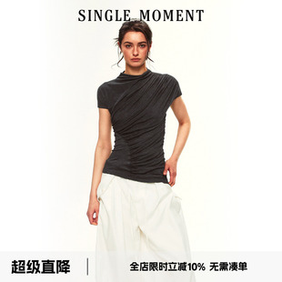 SINGLE MOMENT 26SS夏季法式休闲小高领抽皱修身T恤短袖上衣女