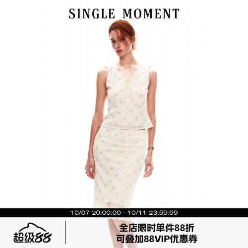 SINGLE MOMENT 26SS夏季法式V领手缝钉珠挂脖无袖背心上衣女